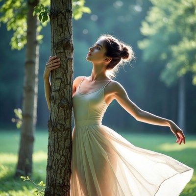 Woman dancing near tree in forest