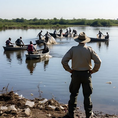 Fishing activity on the river in the morning