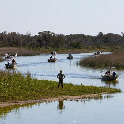 Fishing boats in a river at midday