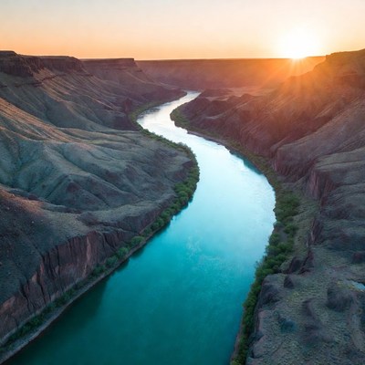 River flows through canyon at sunset