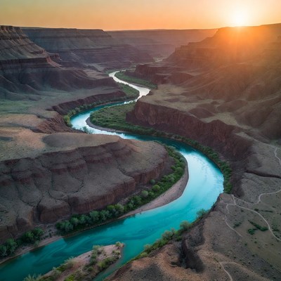 River bends through canyon landscape at sunset