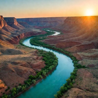 Sunset over winding river canyon