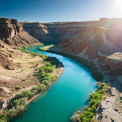 Bright river winding through desert landscape