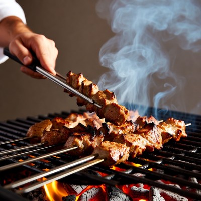 Grilling meat on skewers in a kitchen