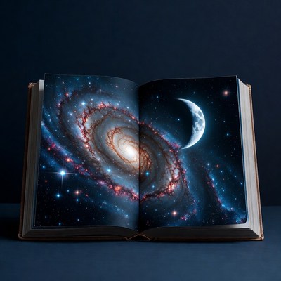 Cosmic scene in open book