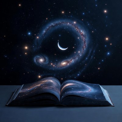 Book opens to galaxy scene