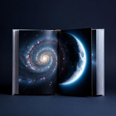Open book showing galaxy and moon