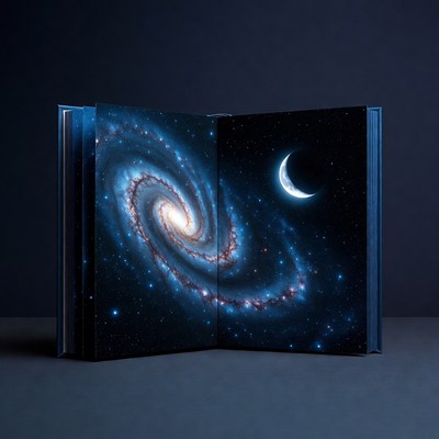 Book open to spiral galaxy and moon view