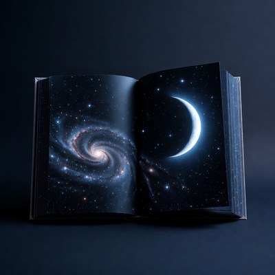 Book with galaxy and moon scene