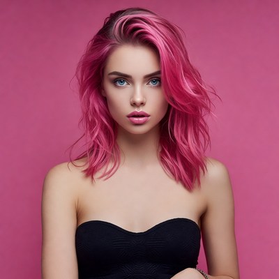 Young woman with pink hair against backdrop