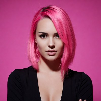 Woman with pink hair on pink background