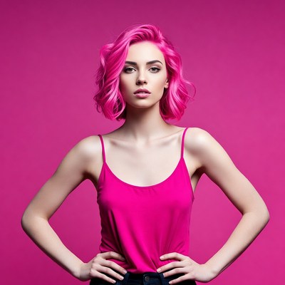 Woman with pink hair in studio