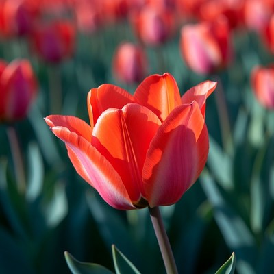 Bright red tulip blooming in garden