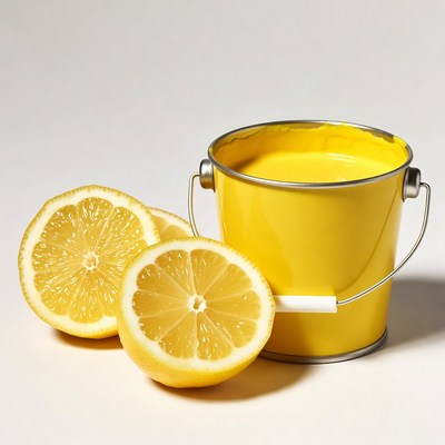 Yellow bucket and sliced lemons on table