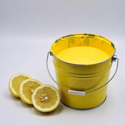 Yellow bucket with lemon slices on table