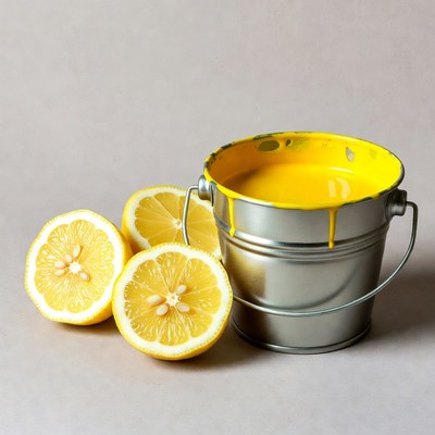 Bucket of yellow paint with lemons