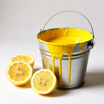 Paint bucket and lemons on display