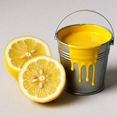 Yellow paint and lemon slices on table