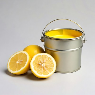 Bright yellow lemons with paint bucket