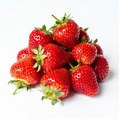 Fresh strawberries stacked on a white surface