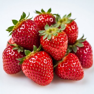 Fresh strawberries piled on white surface