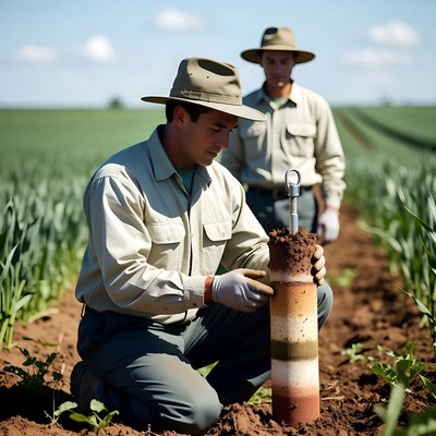 Workers testing soil in field