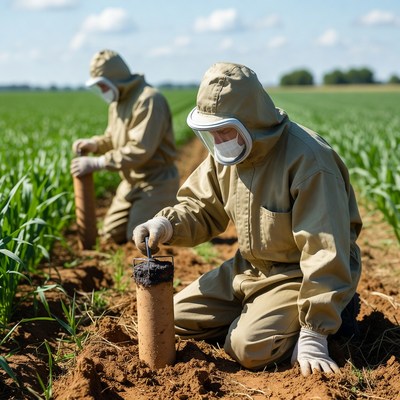 Farmers collect soil samples in field