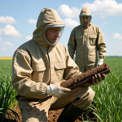 Workers examine soil in field