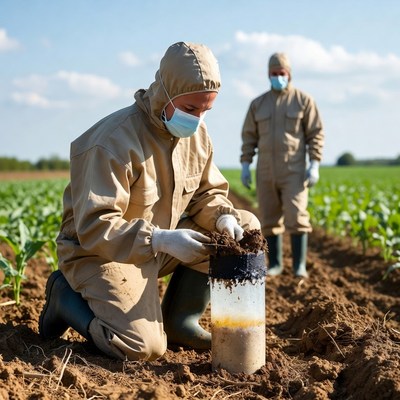 Farm workers collecting soil samples for analysis