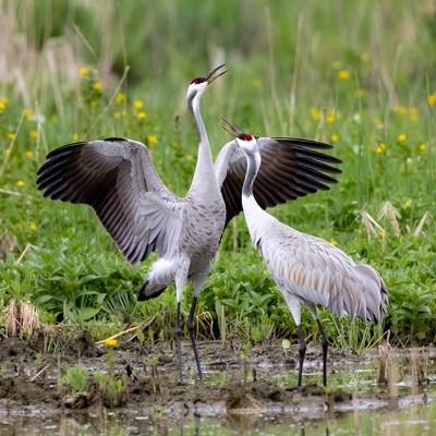 Cranes communicating in wetland habitat