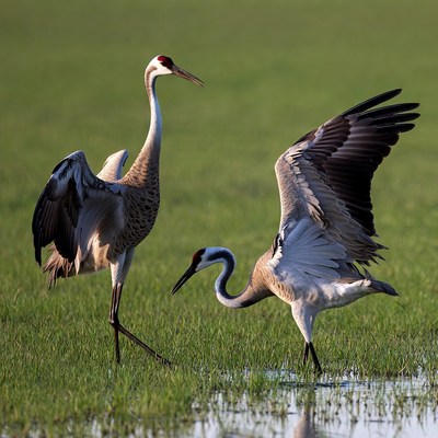 Cranes in grassland during daytime