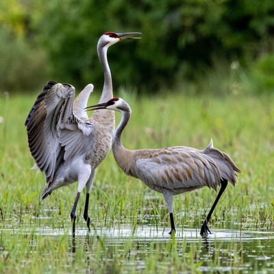 Cranes in wetland during summer