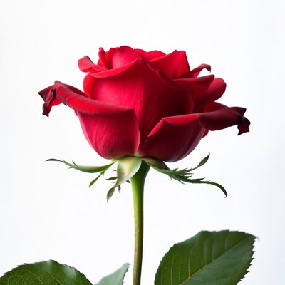 Red rose with green leaves on white background