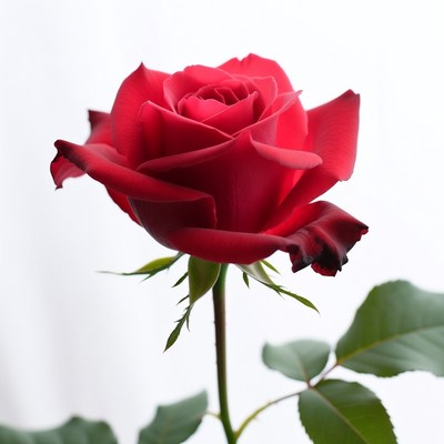 Red rose with green leaves stands tall