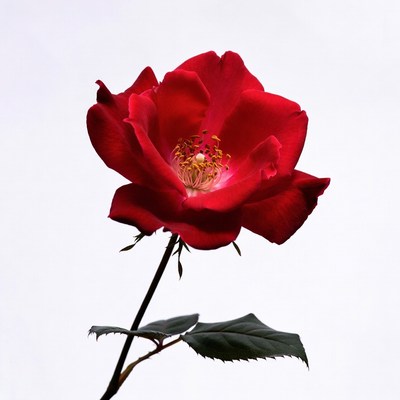 Bright red rose against white background