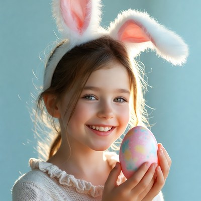 Girl holding easter egg in bunny ears