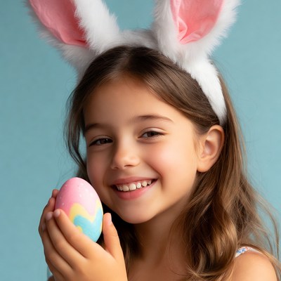 Child holding colored egg with bunny ears