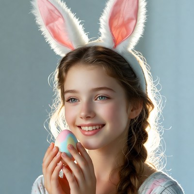 Girl with bunny ears holding egg