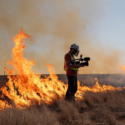 Filming controlled burn in dry grassland