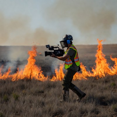 Filming fire on grassy field