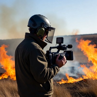 Filming wildfire in open field