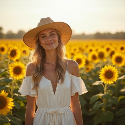 Woman in sunflower field at sunset