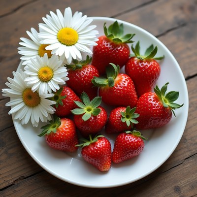 Fresh strawberries and daisies on a plate