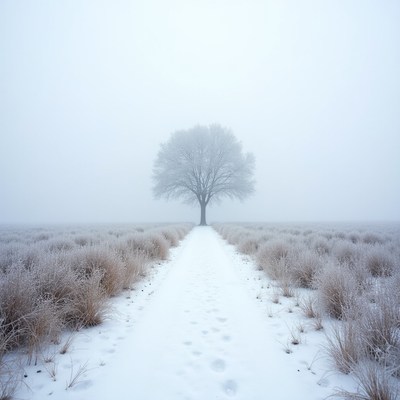 Winter scene with a lone tree