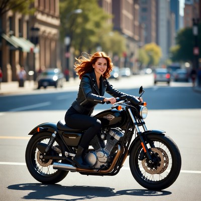 Woman riding motorcycle in city