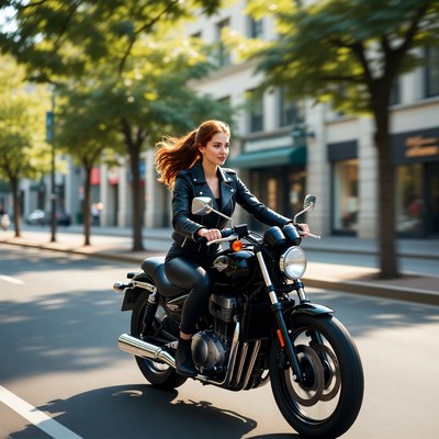 Woman riding motorcycle on city street