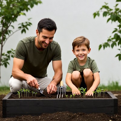 Father and son gardening together in spring