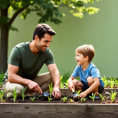 Father and son planting in garden