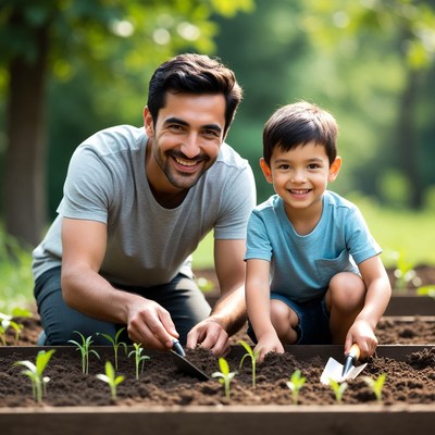 Father and son planting vegetables together