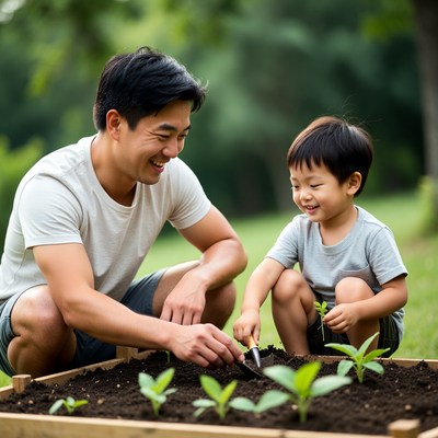 Father and son gardening together in spring